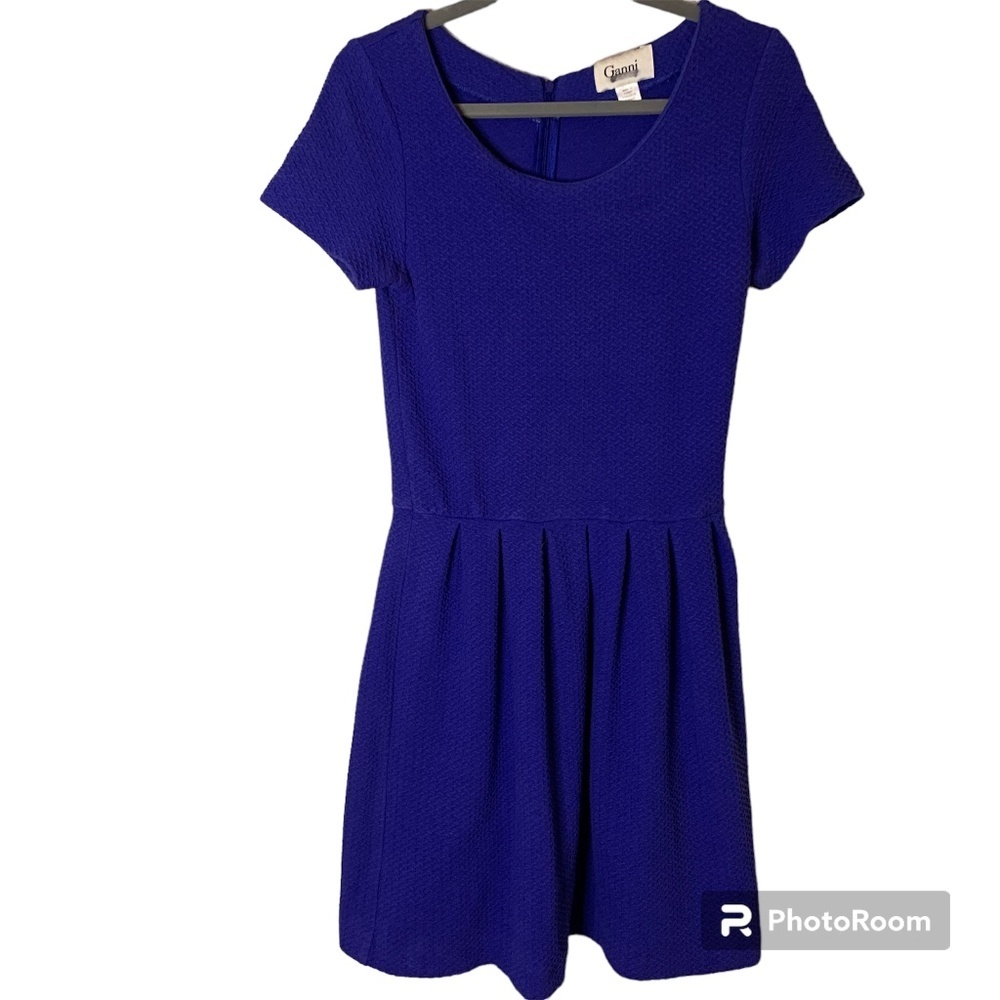 Ganni Women's Dress LG Blue Cotton Gathered Waist Pleated Skirt Coquette Party